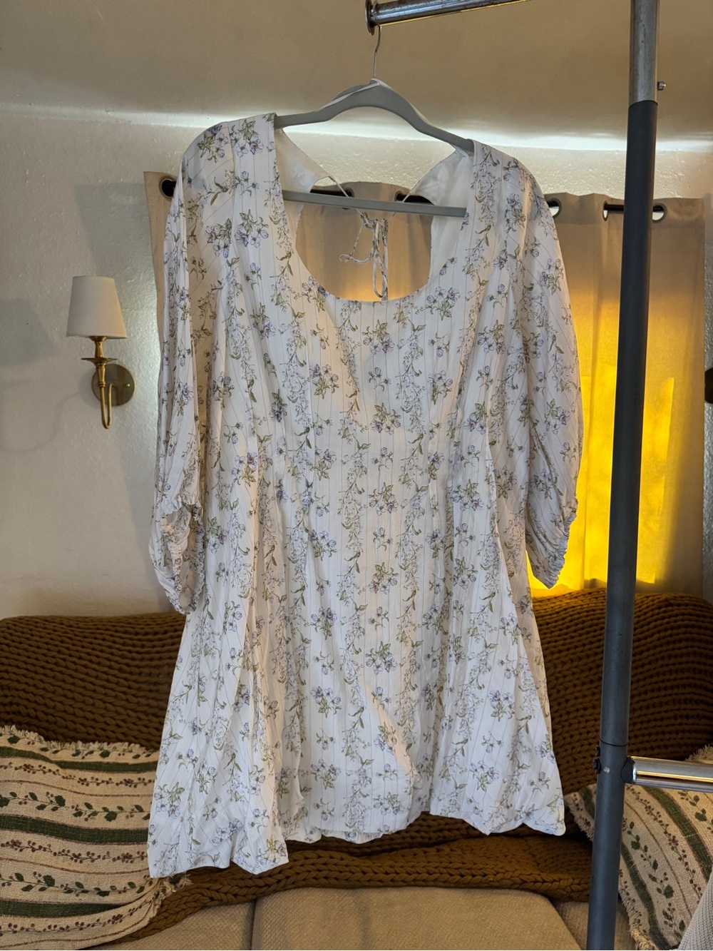 White Floral Scoop-Neck Tunic Dress with Three-Quarter Sleeves